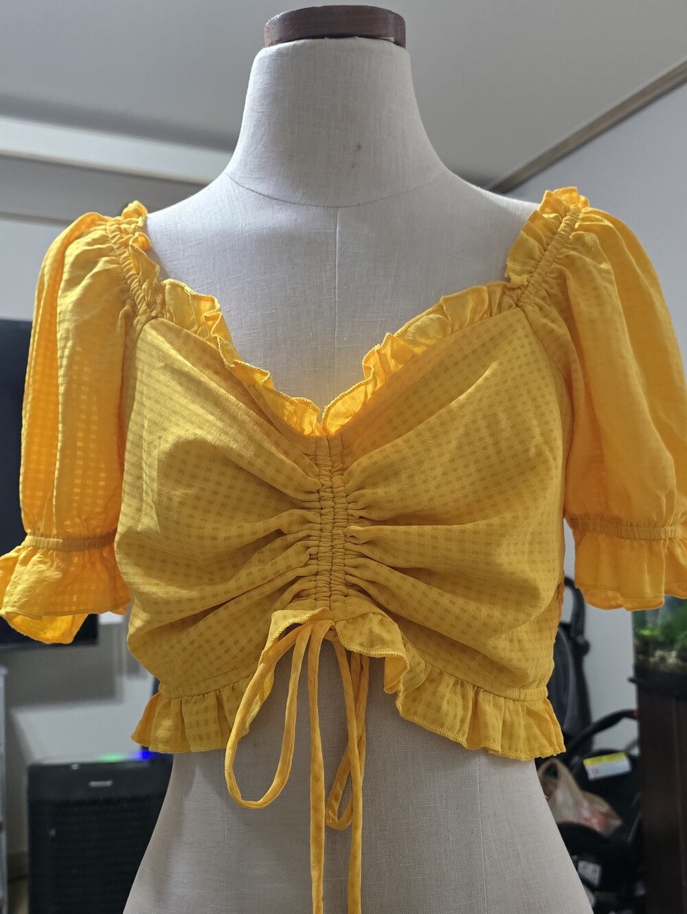 Yellow Ruched Tie-Front Peasant Crop Top